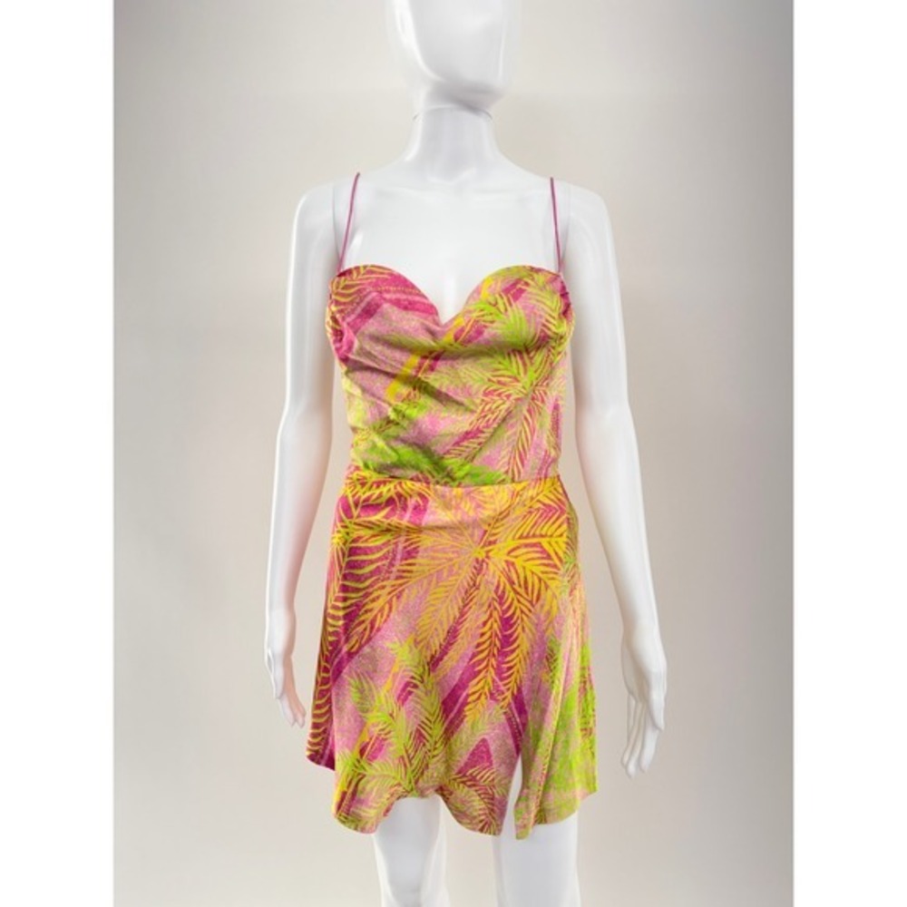 Retrofête Pink Lime Green Tropical Palm Print Cowl Neck Silk Mini Dress Small - Picture 4 of 9